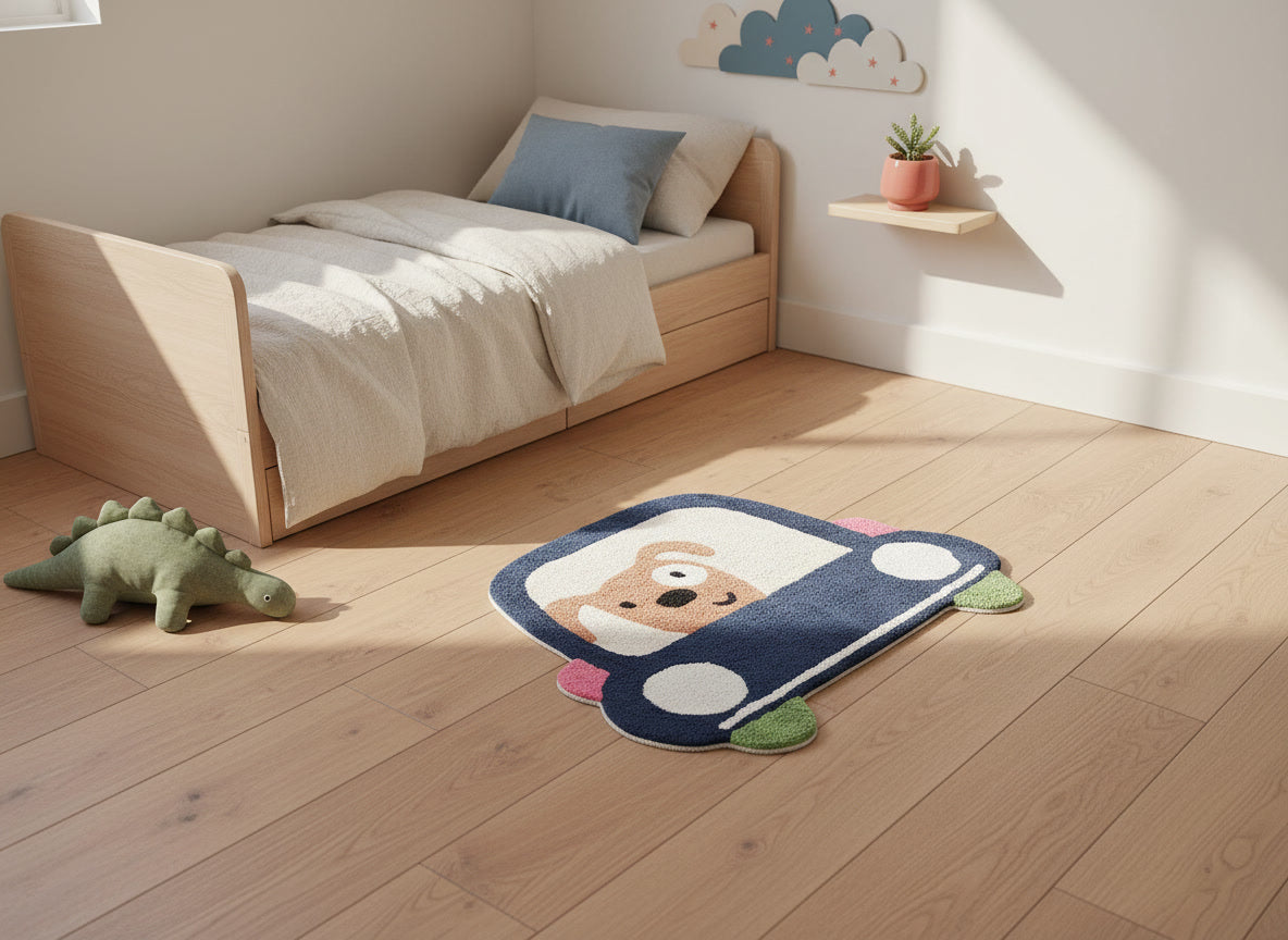Hondje in auto kinderkamer vloerkleed (85x100cm)