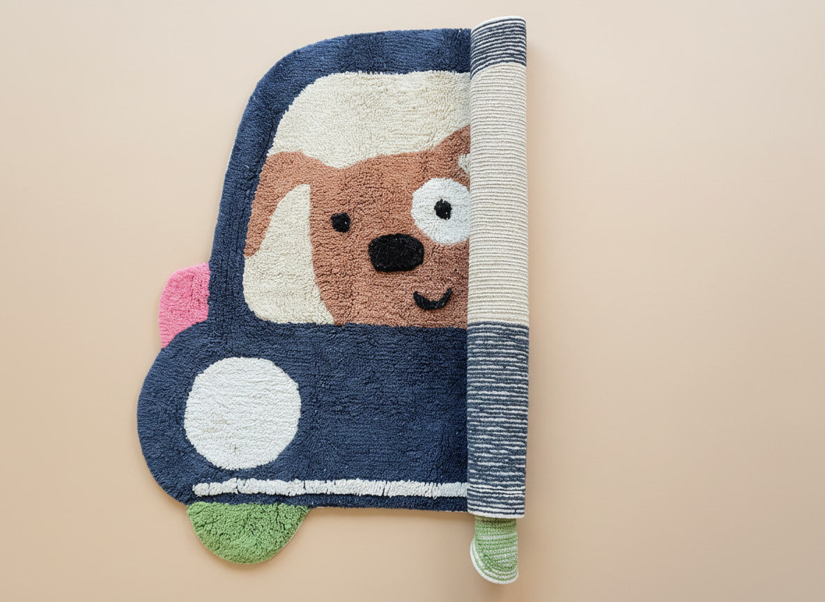 Hondje in auto kinderkamer vloerkleed (85x100cm)