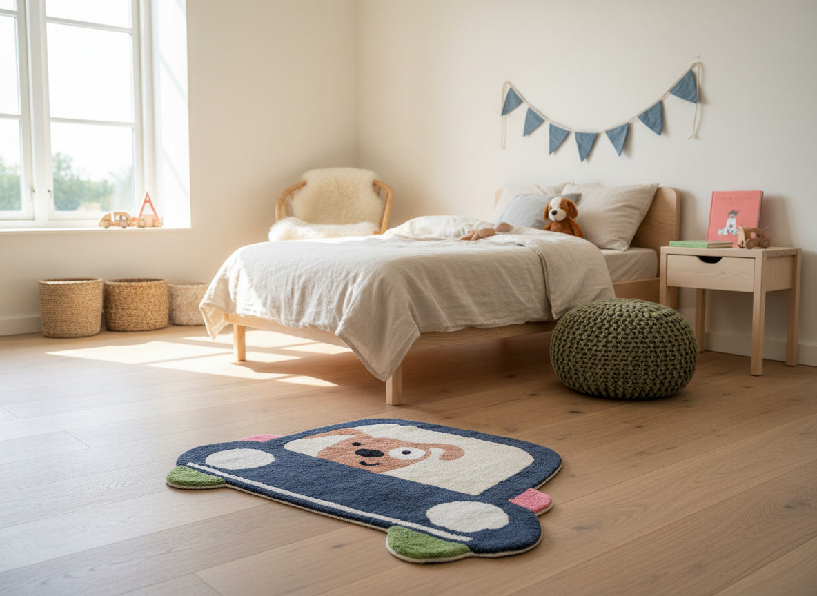 Hondje in auto kinderkamer vloerkleed (85x100cm)