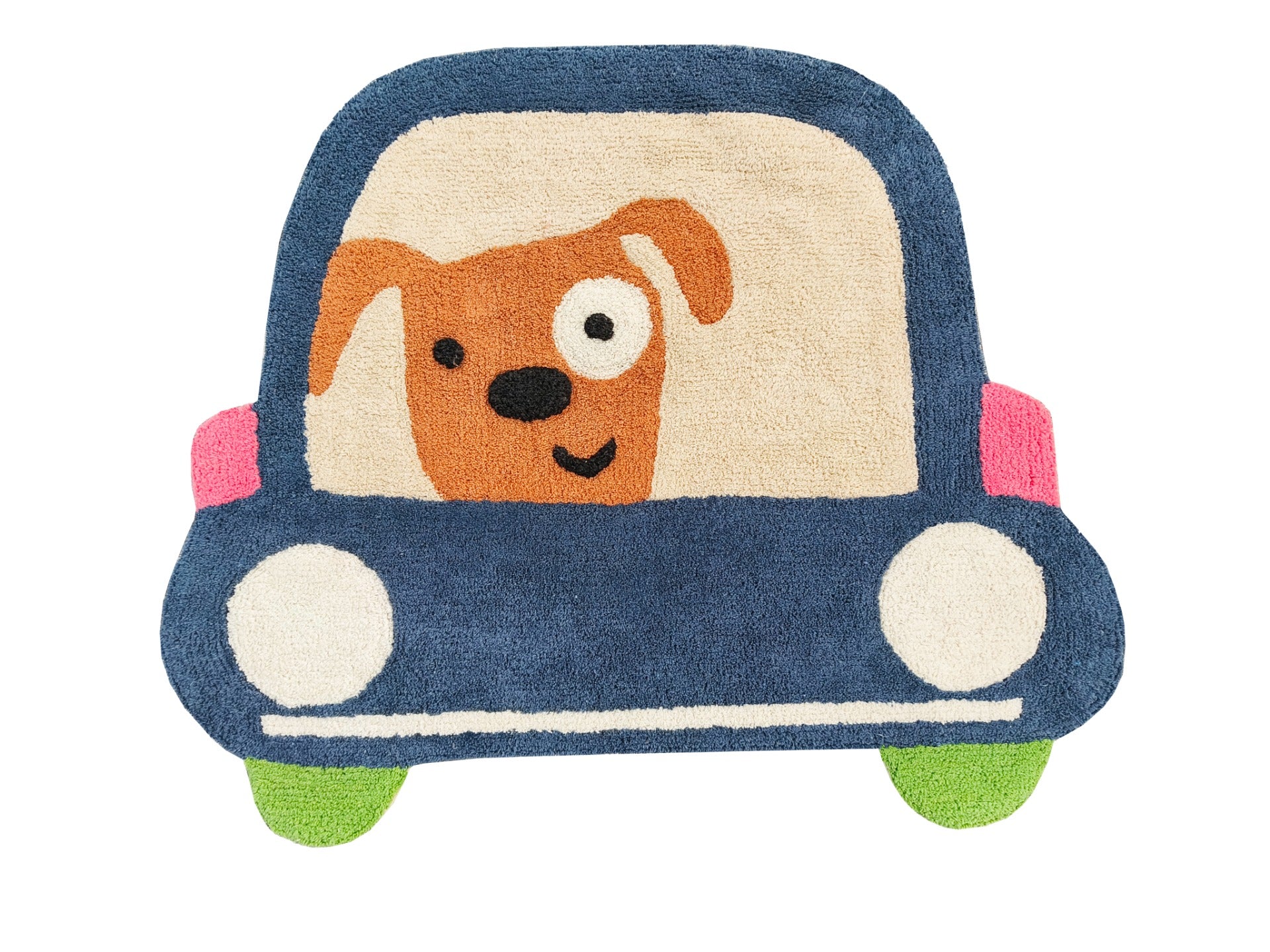 Hondje in auto kinderkamer vloerkleed (85x100cm)